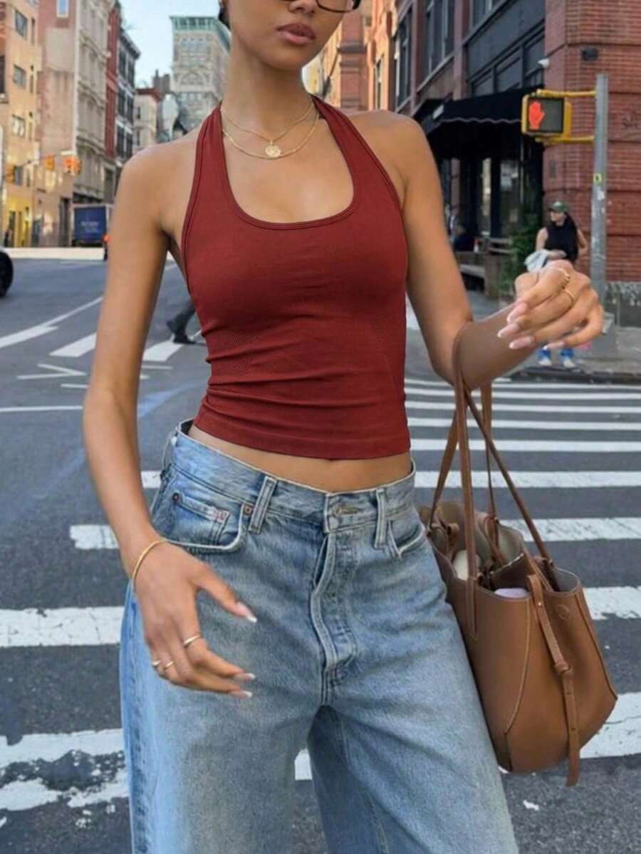 女款休閒純色修身春夏季街頭風日常度假性感背心短版上衣 酒紅色 - 安哥拉紅 - 查看 1