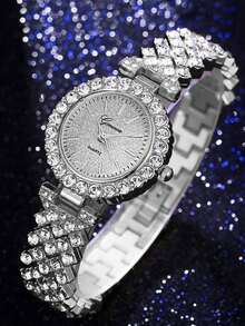 2pcs Women's Fashion Casual Quartz Watch, Round Luxury Full Diamond Watch, Paired With Rhinestone Bracelet Jewelry Set, Suitable For Daily Wear, Festivals And Parties, Best Gift For Women - Silver - View 4