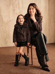 Girls' Casual Fashion Loose Fuzzy Collar Long Sleeve Jacket, Autumn/Winter - Coffee Brown - View 3