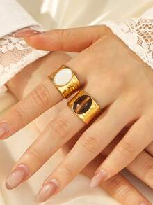 2pcs Women's 18K Gold Plated Open Adjustable Wide Band Rings, Hammered Texture Ring Face Inlaid With Oval Natural Shell Tiger Eye Stone, Vintage Style Daily Party Fashion Jewelry - Yellow Gold - View 1