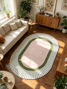 1pc Oval Green & Pink Area Rug, Living Room Carpet, Washable Rug, Home Decor - Multicolor - View 2