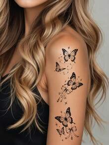 30pcs Butterfly Temporary Tattoos For Women, Flower, Moon, Stars, Heart Tattoo Stickers Waterproof Fake Tattoo For Hand Body Makeup, Disposable Hand Tattoo - 黑色 - 查看 3