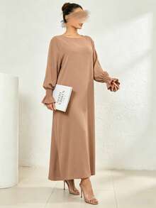 Arabian Style Women's Long Robe Dress, Solid Color Long Sleeve Plus Size Robe, Elastic Cuffs, Conservative Casual Loose Kaftan, Islamic Muslim Dubai Abaya - Multicolor - View 2