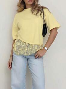 Spring New Solid Color Knit Fabric Lace Patchwork Short Sleeve T-Shirt, Casual, Sports, Office Wear For Spring/Summer - Yellow - View 5