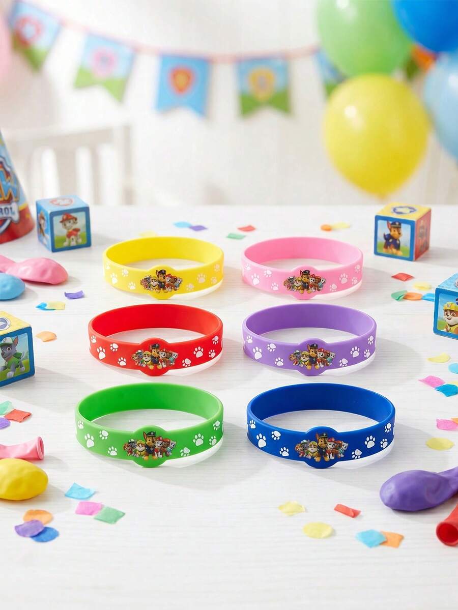 6件組 Paw Patrol 主題矽膠手環派對用品手鍊,生日派對配件、家庭聚會賓果狗角色扮演裝飾禮品、拍照配件與蛋糕裝飾配件 - 彩色 - 查看 1