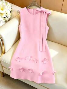 Vestido sin mangas con diseño de pétalos florales elegante francés, vestido blanco de mujer con lazo y diseño de flores 3D para primavera/verano, adecuado para salidas diarias, citas - Rosa - Ver 1