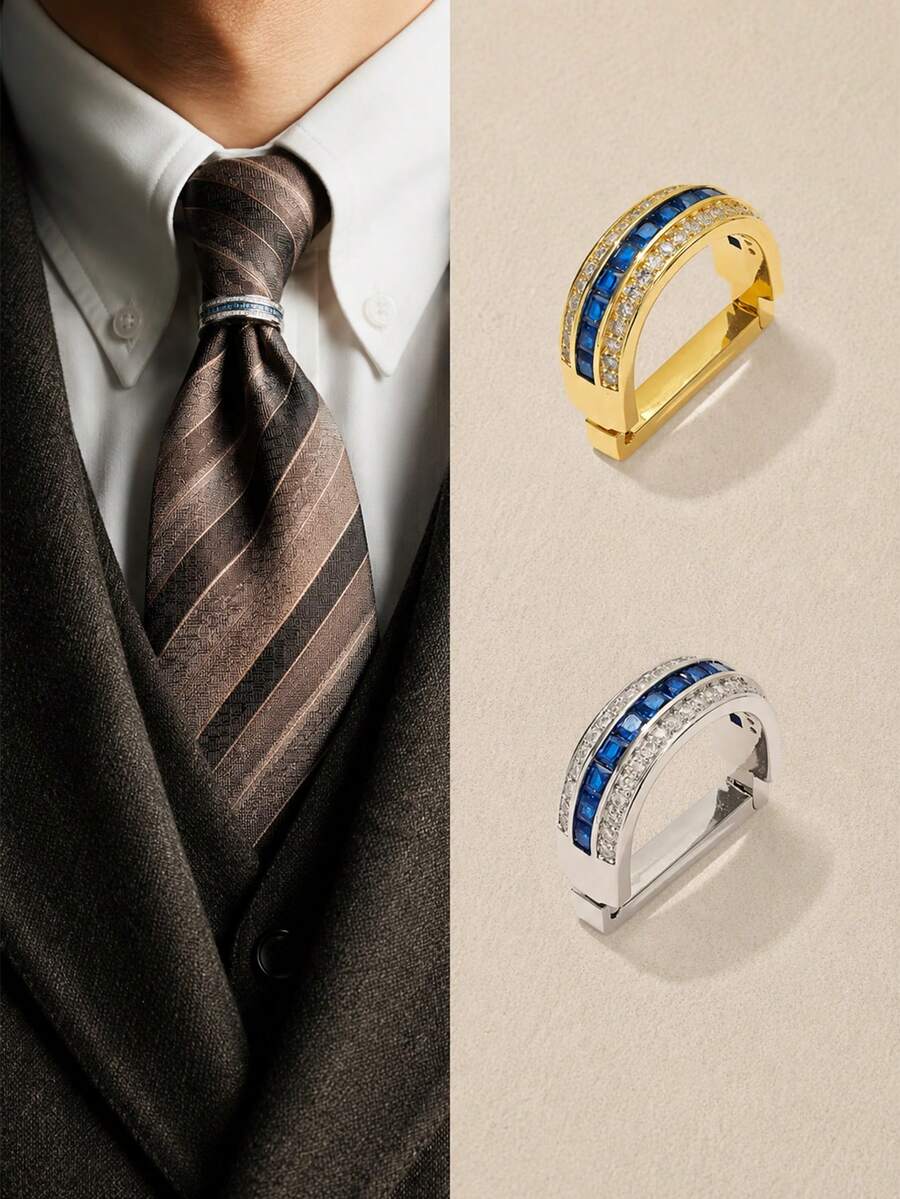 1PC Men's Inlaid Blue Zirconia Tie Clip, Double Row Crystal Rhinestone Necktie Bar Pin, Tie Clasp For Suit Business Wedding Formal Occasions - Multicolor - View 1