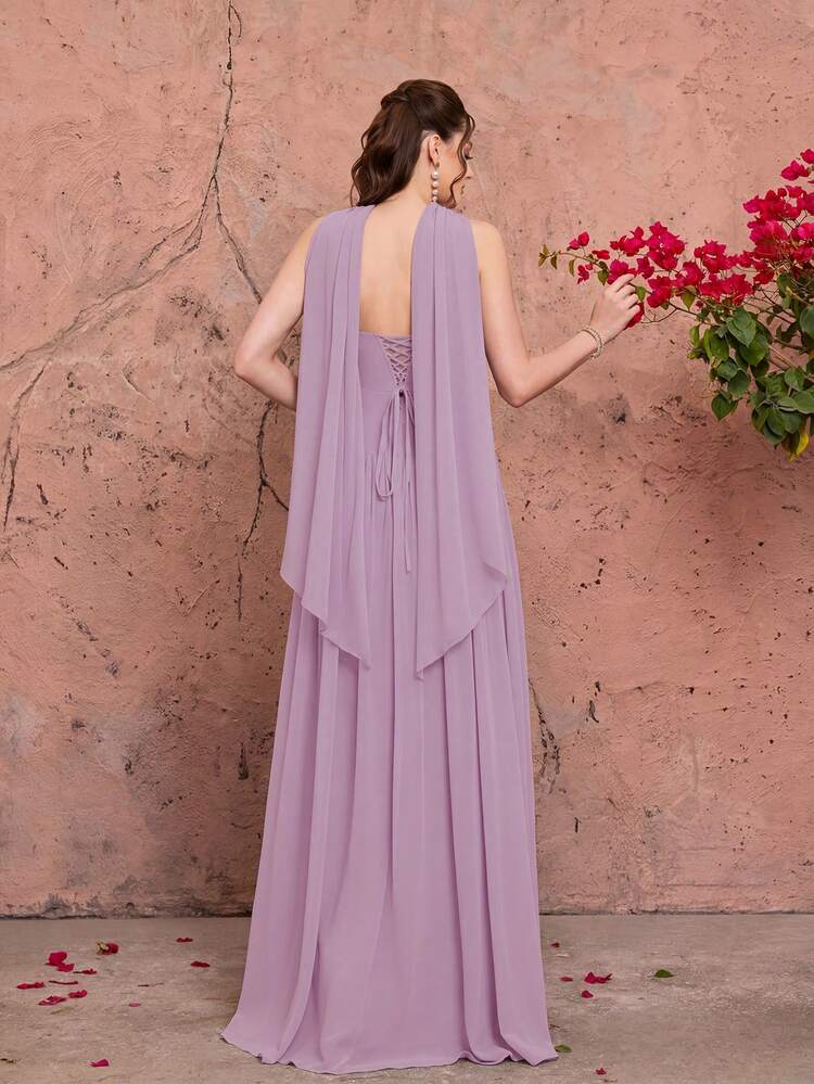 Summer Elegant Strapless Heart-Shaped Neckline Chiffon Maxi Dress, Sheer Lace Waist Bodice, Strapless Shawl, Suitable For Wedding Party Holiday Autumn - Baby Pink - View 3