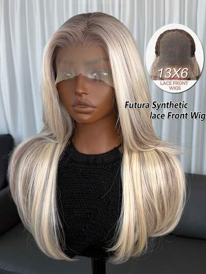 Kanikalon Futura Japanese Silk Gradient Color 13 * 6 Synthetic Lace Front Wig, 20 Inch Long Wavy Hair, No Glue Wearing, Kanikalon Material, Durable Synthetic Fiber, Mid Split Design, 150% Density, Natural Hairline, Fashionable And Versatile