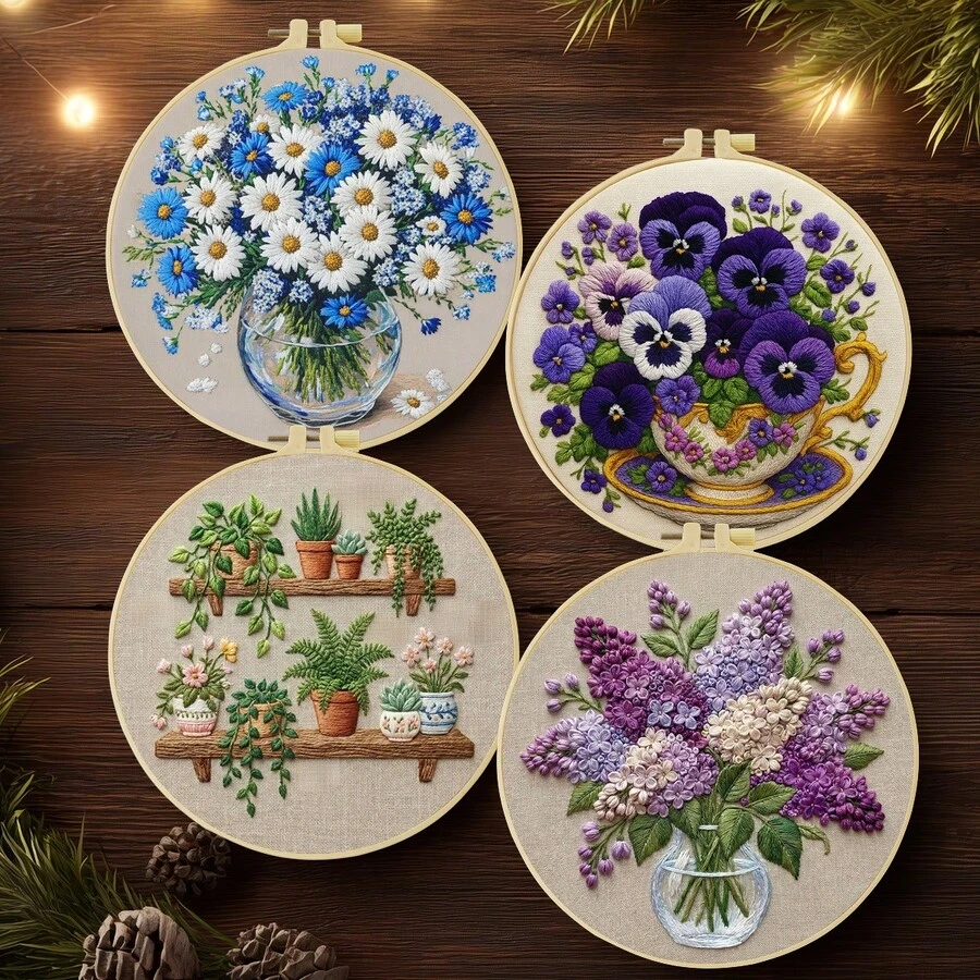 1pc Complete Embroidery Kit 20x20cm/7.9in 8 Patterns: Lilac, Daisy & Cornflower, Pansy, Balcony Succulents & Plant Stand Floral & Green Theme Suitable For Adult Beginners Includes Fabric, Instructions, Embroidery Hoop, Needle & Thread Perfect Gift Home/Office Art