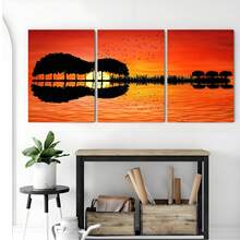 3 Panel Guitar Tree Lake Sunset Posters Wall Arts Posters Home Decor Posters Paintings Modern Living Room Bedroom Decoration Optional Framework - Multicolor - View 8