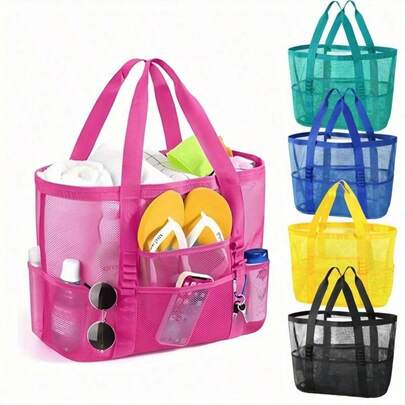 1pc Large Capacity Beach Bag With Anti-Sand Mesh Design, Suitable For Swimming Pool And Travel. Multiple Pockets For Easy Organization. Essential