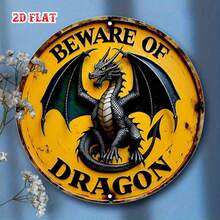 2D Flat 1pc Winged Beast Metal Tin Sign, Yellow Round Sign, Design 7.8X7.8 Round Sign - Beware Of Dragon Rustic Metal Wall Art, Metal Wall Decor, Suitable For Home, Garage, Restaurant, Cafe Wall Decoration Sign, 2D Flat - Multicolor - View 5