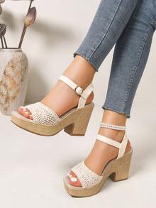 Women's Wedge Sandals. Summer Open Toe, Bohemian Style Faux Rope Sole Sandals. Comfortable Vacation Style High Heels. Suitable For Summer Outfits - Beige - View 3