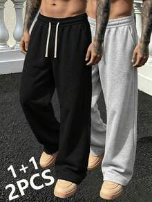 2pcs Men's Loose Wide Leg Sweatpants, Solid Color Versatile Drawstring Straight Leg Casual Sports Pants, Daily Commute Versatile Style - Multicolor - View 1