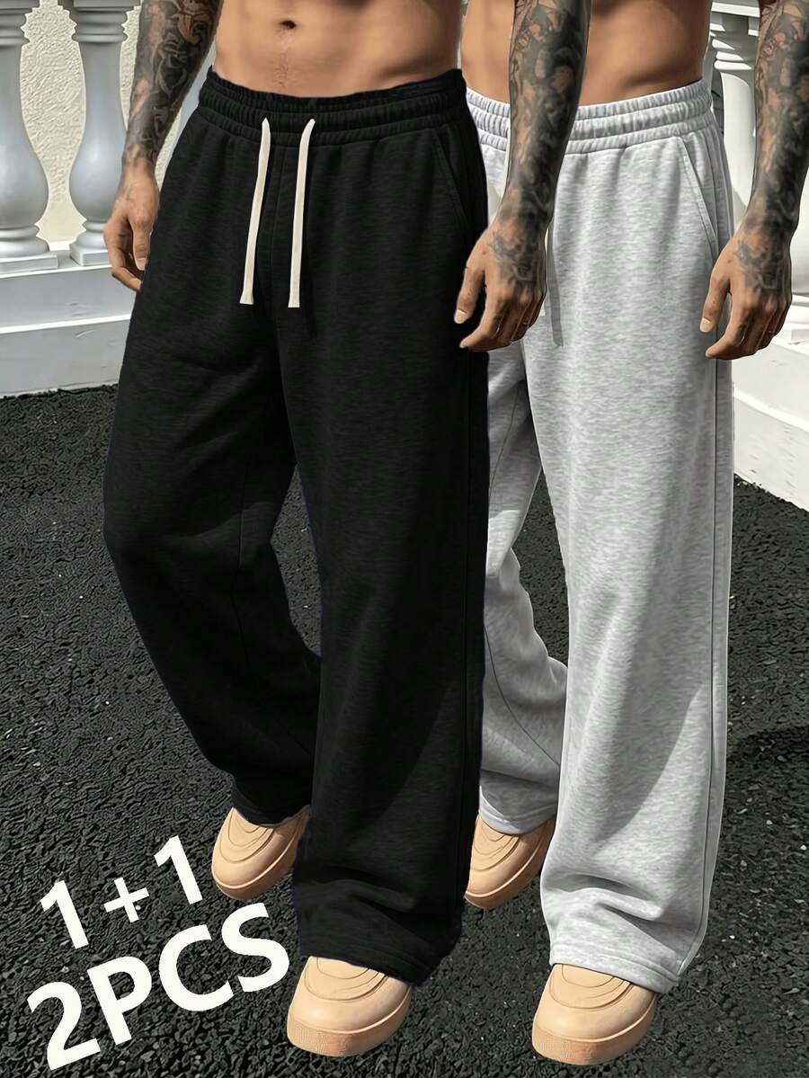 2pcs Men's Loose Wide Leg Sweatpants, Solid Color Versatile Drawstring Straight Leg Casual Sports Pants, Daily Commute Versatile Style - Multicolor - View 1