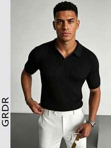 GRDR 男士夏季纯色 Polo 领短袖针织衫，适合夏季外出穿着，时尚造型必备单品 - 黑色 - 查看 4