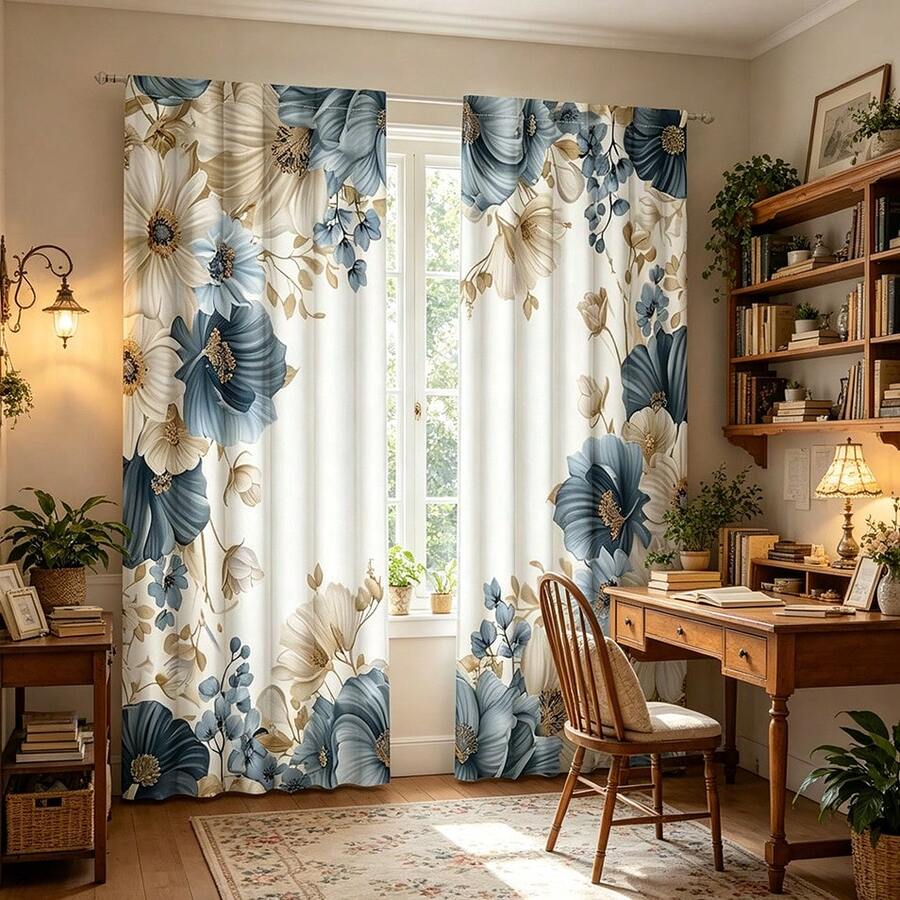 2pcs Elegant Floral Pattern White, Blue And Green 2D Flat Print Curtains. Rod Pocket Design, Semi-Transparent Polyester Curtains Suitable For Decorating Your Living Room, Bedroom, Office Or Kitchen - Multicolor - View 1