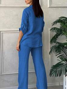 大尺碼女款亞麻兩件套，鈕扣領落肩上衣與寬腿長褲，休閒居家優雅風 - 藏蓝色 - 查看 2