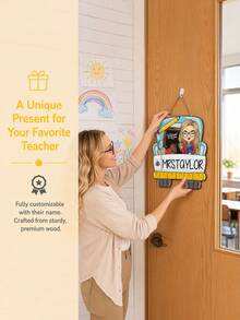 1pc Customized Teacher Classroom Wooden Door Sign, Personalized Teacher Name, Welcome Door Hanger, 3 Styles Available, Wooden Printed Sign With Hanging Rope, Classroom Decor, Teacher Appreciation Back To School Gift For Educators - Multicolor - View 11