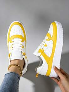Women's Yellow & White Sneakers, Lightweight Lace-Up Casual Shoes For Everyday Errands, Dog Walking, Gardening, Picnic, Budget-Friendly Footwear - 黃色 - 查看 4
