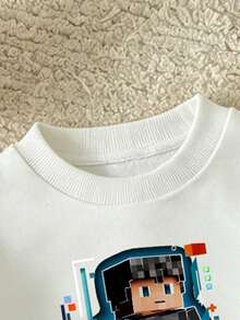 Baby Boy Cartoon Print Crew Neck Long Sleeve Sweatshirt And Denim Pants - White - View 3