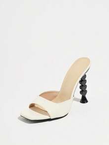 Jin Bei Qi Chaussures mules à talon haut pour femmes, bout carré, bout ouvert, bride unique, texture premium, sexy et à la mode, vintage décontracté, teint flatteur, mélangeant la modernité et l'élégance française, convient pour le port en extérieur en été, les fêtes, les rassemblements, les soirées mondaines, les activités de plein air, les boîtes de nuit, assorties aux sandales à talon haut asymétrique vert olive en forme de cœur - Nude - Voir 7