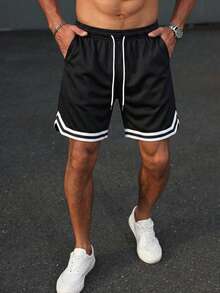 Men's Spring/Summer Cool Solid Color Casual Pants With Striped Cuffs, Polyester Mesh Fabric, Lightweight Basketball Style Basketball Shorts - Black - View 1