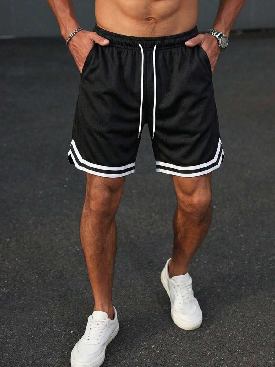Men's Spring/Summer Cool Solid Color Casual Pants With Striped Cuffs, Polyester Mesh Fabric, Lightweight Basketball Style Basketball Shorts - Black - View 1