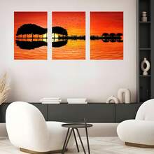 3 Panel Guitar Tree Lake Sunset Posters Wall Arts Posters Home Decor Posters Paintings Modern Living Room Bedroom Decoration Optional Framework - Multicolor - View 2