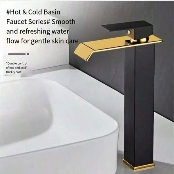 304 Stainless Steel Tall Waterfall Spout Bathroom Faucet, Black & Gold, Ceramic Valve Core, Hot & Cold Dual Use, For Countertop Basin, Suitable For Home Bathroom, Hotel, Public Places, High Basin Face Washing & Hand Washing, Premium European Style