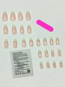 极简主义可爱白花绿边框3D法式甜美风格24片中长杏仁形假指甲套装，适合办公室女士、日常约会、下午茶和户外活动按压指甲美甲用品指甲 - 彩色 - 查看 2