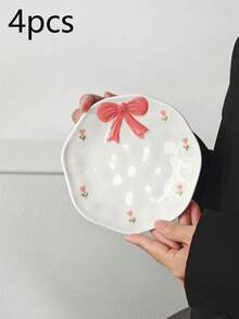 1/2/4pcs Embossed Cute Bow Ceramic Plates, Korean Style Minimalist Ceramic Plates, Afternoon Tea Dessert Plates, Coffee Cup Trays, Breakfast Plates, Casual Snack Plates, Cake Plates, Candy Plates, Gift Tableware, Plates, Suitable For Various Scenes Office, Restaurant - Multicolor - View 17