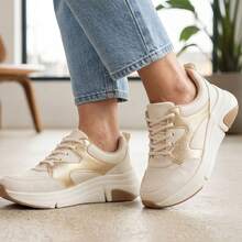 Modare Tênis Feminino Casual Recortes Leve Macio e Confortável Solado Alto Moda Urbana Sapato Feminino Esportivo Caminhada Academia e Dia a Dia Estilo Moderno - Off White - Visão 7