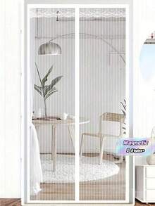 1pc White Striped Magnetic Sheer Curtain, Lace Embroidered Edge, Vertical Stripe Design, Multi-Functional Insect-Proof Room Divider Curtain, Suitable For Living Room Bedroom Kitchen, Self-Adhesive Washable Door Curtain - Multiple Styles and Colors - View 2
