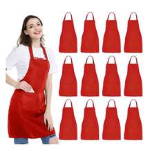 12 Pack Bib Apron,Unisex Black Commercial Apron With 2 Pockets,Unisex Black Plain Aprons With Long Ties,Kitchen Cooking Aprons For Women Men Chef,Painting BBQ Grilling Baking Restaurant,Machine Washable - 紅色 - 查看 12