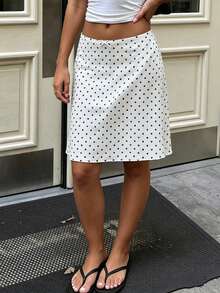French Polka Dot A-Line Skirt, High Waist Slimming White Dotted Skirt, Casual Draping Skirt For Summer, French Retro Commuter Casual Skirt, French Girl Style - White - View 3