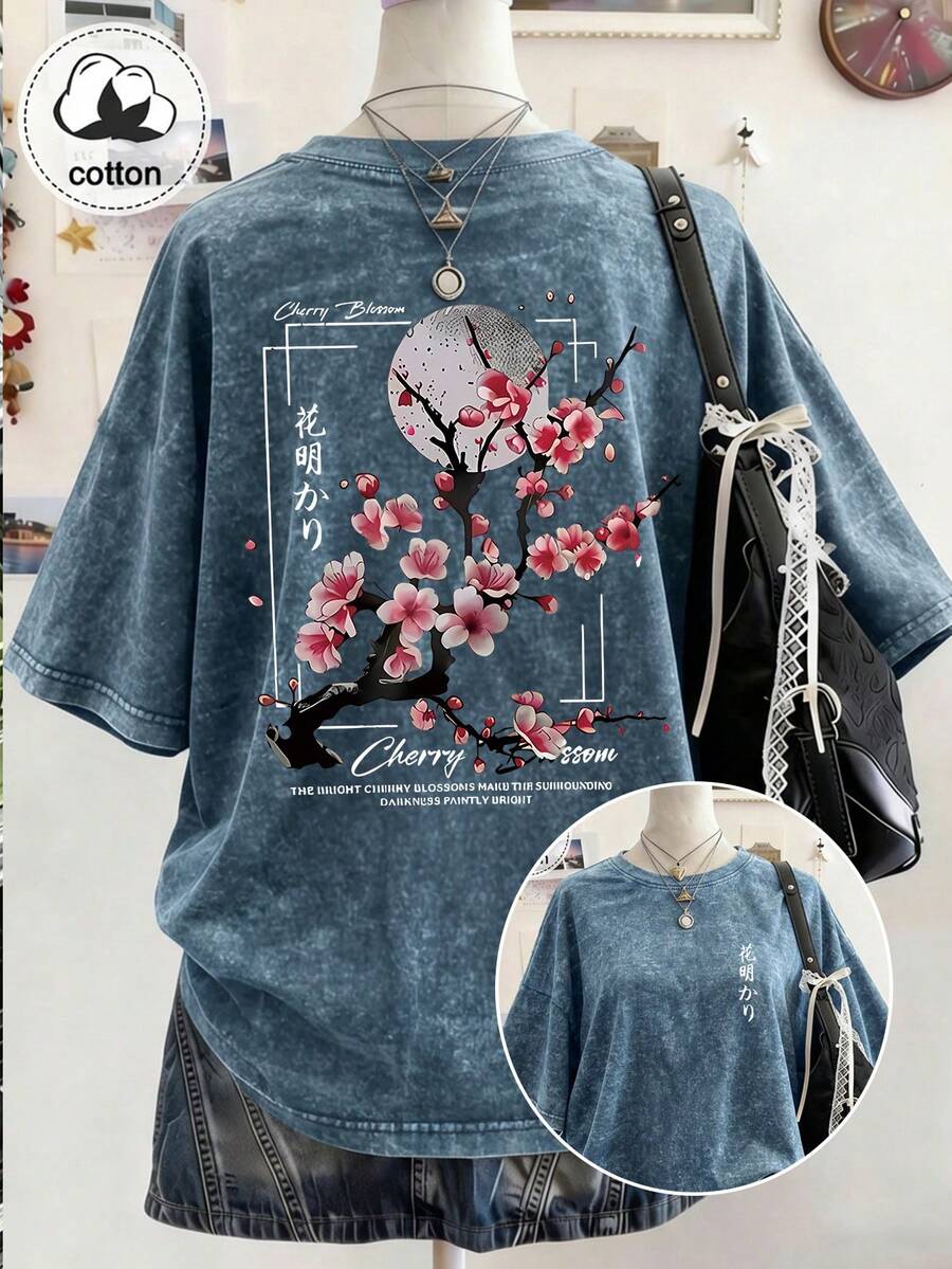 Áo thun nữ size lớn tay ngắn cotton giặt wash, họa tiết hoa, in hai mặt, dáng rộng vintage, phong cách đường phố Y2K, thường ngày mùa hè - Xanh đậm - Xem 1