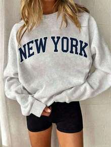 2026 New Arrival Bestseller Women's "NEW YORK" Graphic Print Loose Pullover Sweatshirt, Encountering Lazy Fashion, Women's Graphic Tops Clothes. - 淺灰色4 - 查看 2