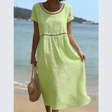 Vestido algodón lino liso cuello redondo manga corta ribete encaje, verano 2026 europeo mujer - Negro - Ver 8