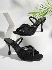NANBEI ZUO Fashionable Lace Mesh Upper Elastic Band Design Black Stiletto High Heel Sandals, Summer New Korean Style Front Buckle Decor Daily Versatile Commute High Heel Sandals, Suitable For Dating - Black - View 7