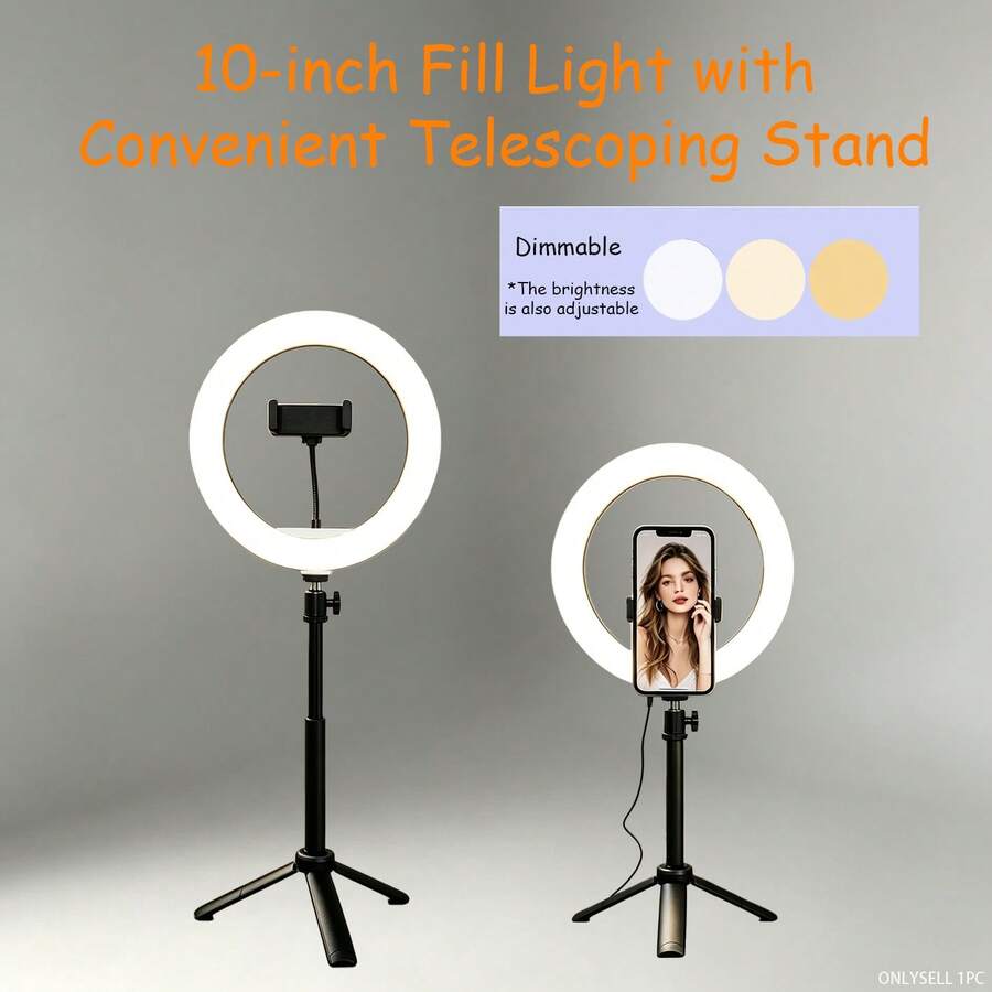 Borriig 1pc 10-Inch Adjustable Tripod LED Ring Light, 3 Color Temperature Modes Dimmable, Suitable For Selfie, Makeup, Live Streaming And Photography