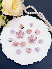 14pcs DIY Detachable Garden Shoe Charms, Pink Alloy Glass Rhinestone Flower, Heart, Crown, Butterfly Shoe Clips, Multi-Functional Shoe Accessories For Women's Sandals, Slippers, Beach Bags, Perfect For Holiday And Birthday Party Gifts - Pink - View 2
