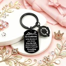 1pc Inspirational Compass Keychain, "Move Confidently Towards Your Dreams" Stainless Steel Key Ring, Inspirational Dog Tag Pendant, Suitable As Gift For Graduation, Birthday, Christmas For Friends, Family, Travelers - A - View 2
