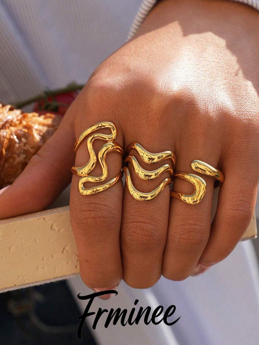 Frminee 3pcs/Set Fashionable, Minimalist, Elegant, Unique 18K Gold Plated Stainless Steel Geometric Ring Set, Everyday Jewelry And Gift For Women