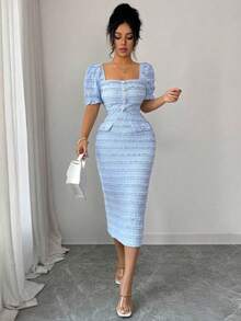 Nuevo vestido midi elegante y versátil de punto texturizado con cuello cuadrado y mangas cortas para mujeres - Azul - Ver 6