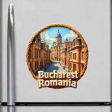 Bucharest Romania Roped Frame Of Golden Buildings And Central Dome Magnet Where The Little Paris Sings In Amber Stone Keepsake For All Metal Surfaces Throughout The Home - A - View 2