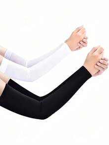 2 Pairs Black And White Women's Spring/Summer Fashion Minimalist Sun Protection UV-Resistant Sweat-Wicking Elastic Ice Silk Fabric Solid Color Long Over-Elbow Arm Sleeves For Outdoor Sports, Travel, Cycling, Driving - Black and White - View 1