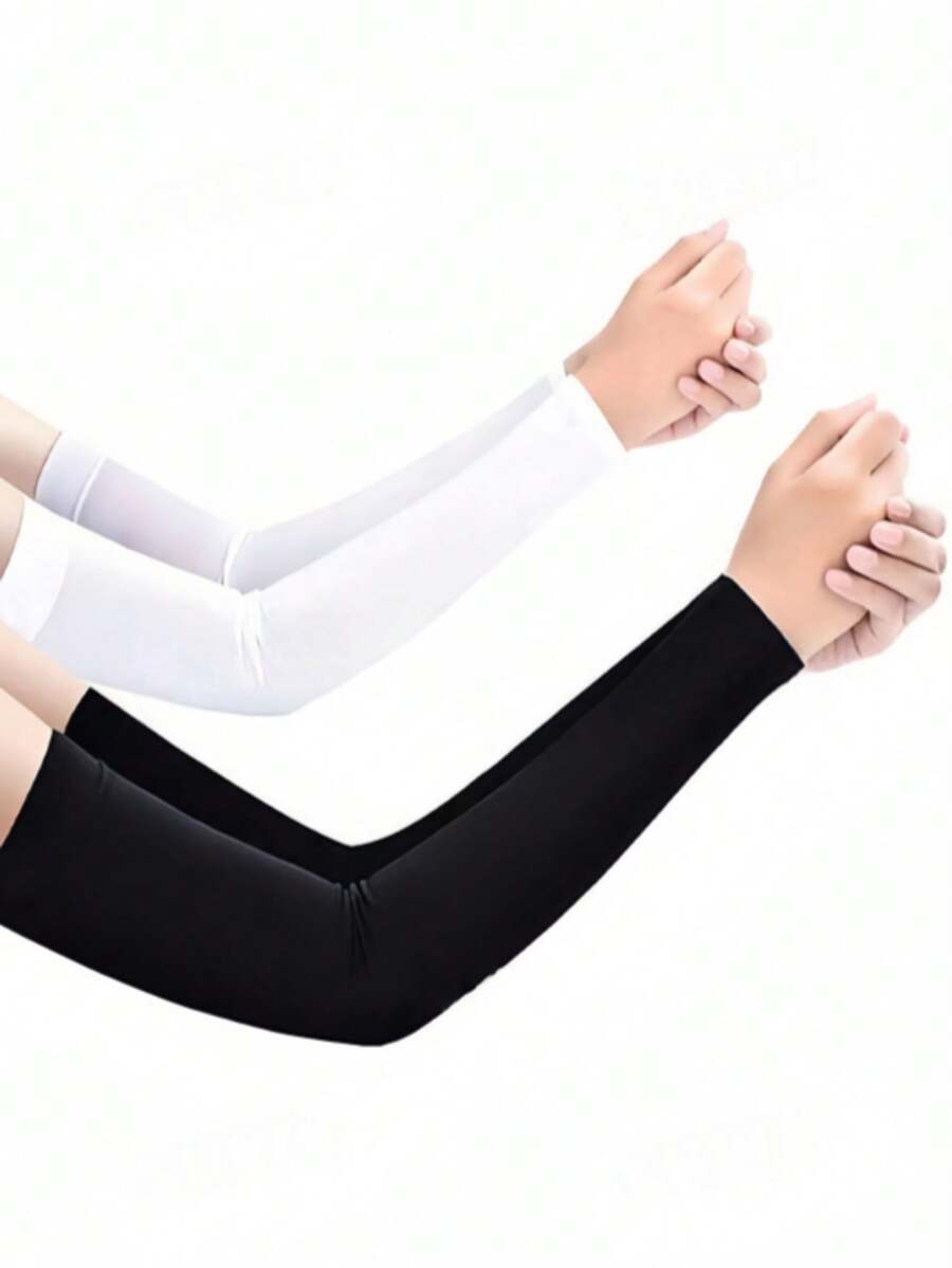 2 Pairs Black And White Women's Spring/Summer Fashion Minimalist Sun Protection UV-Resistant Sweat-Wicking Elastic Ice Silk Fabric Solid Color Long Over-Elbow Arm Sleeves For Outdoor Sports, Travel, Cycling, Driving - Black and White - View 1