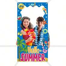 1件鮮豔夏威夷泳池派對拍照橫幅裝飾 - 熱帶風格背景布，印有「Hello Summer」圖案、棕櫚樹和火烈鳥設計 - 多功能鏤空攝影背景，適用於夏季泳池邊裝飾和海灘派對夏威夷派對裝飾、度假必需品、旅行必需品、露營、旅行，無需電源 - Sym - 多色 - 查看 4